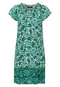 Robe florale avec un décolleté froncé, des manches courtes et un mélange de tons verts avec des motifs complexes de feuilles et de fleurs.