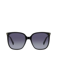 Zwarte, oversized zonnebril met grijs gradient lenzen. Voorzien van een slank kunststof frame, gouden accenten op de hoeken en rechte pootjes.