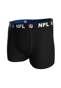 Czarne bokserki z miękkiego materiału, z szerokim pasem w talii ozdobionym logo NFL oraz niebieską podszewką wewnątrz. Szwy ozdobione przeszyciami.