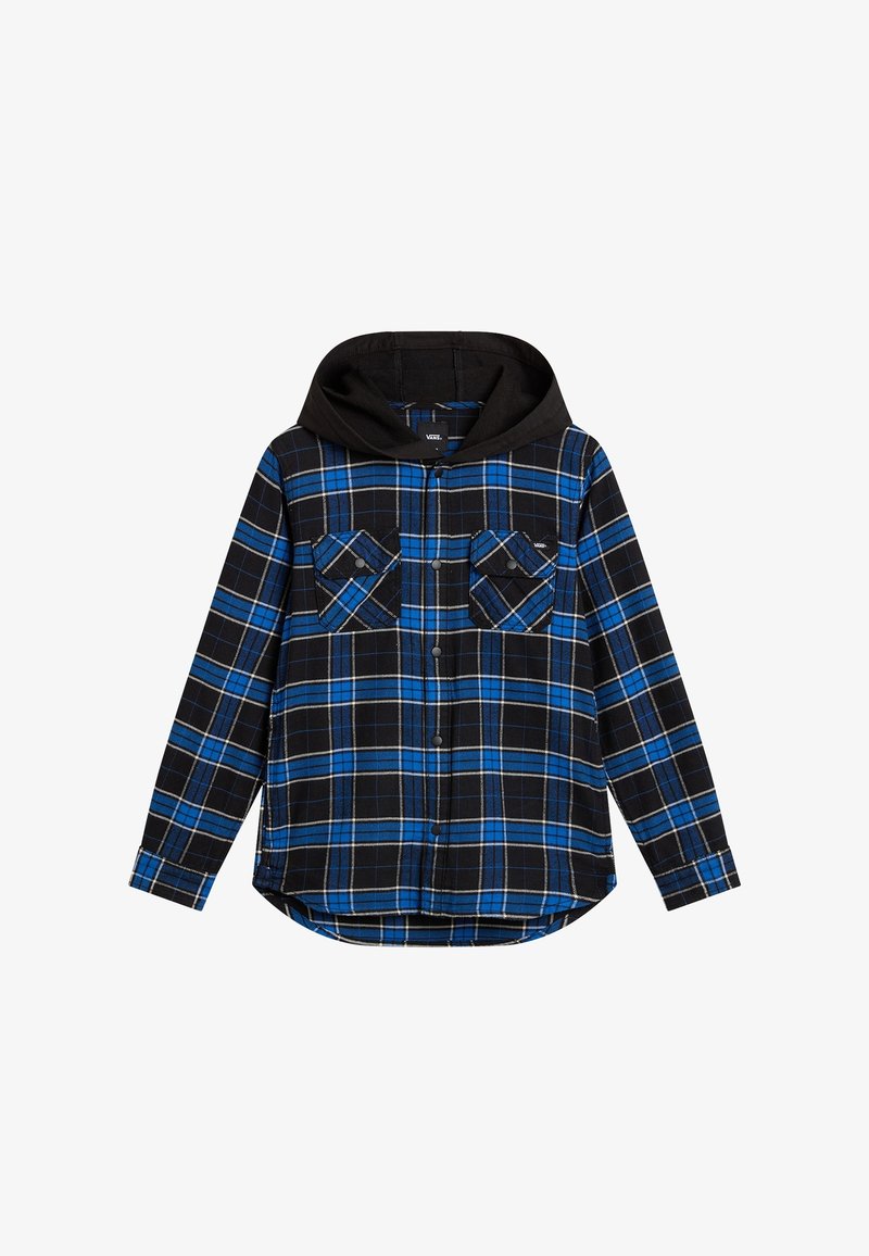 Chemise à manches longues à carreaux bleu et noir avec boutons-pression, poches poitrine et capuche noire attachée.