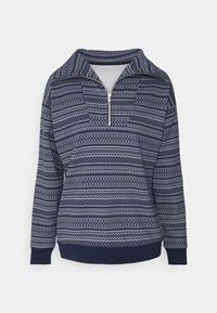 Navy blue pullover fleece with a half-zip collar, featuring a patterned design of white geometric lines and shapes, long sleeves, and ribbed cuffs.