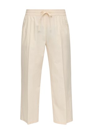 Beige, leichte, gerade geschnittene Hose mit einem elastischen Bund und Kordelzug. Enthält zwei Seitentaschen und eine glatte Textur.
