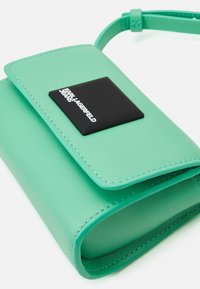 Borsa a tracolla in pelle verde menta con un'etichetta con logo nera. Presenta una chiusura a patta, design semplice e una tracolla regolabile. Texture liscia.