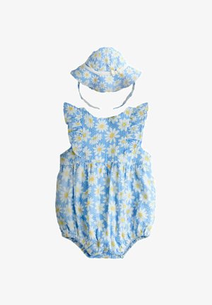 Blå baby heldragt med hvid og gul præstekraveprint og matchende solhat med hagerem og lille sløjfe.