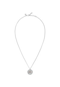 Silverfärgad kedja med en cirkulär hängsmycke prydd med flerfärgade rhinestones i ett mönstrat arrangemang.