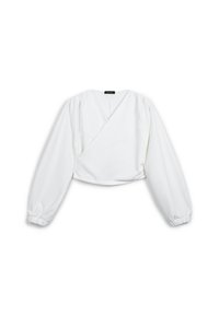 Blouse blanche cropped avec de longues manches bouffantes, un design en portefeuille et une texture lisse. Présente un décolleté en V profond et des épaules froncées.