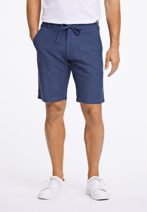 Dunkelblaue Shorts aus einem strukturierten Stoffmix. Zu den Besonderheiten gehören ein Kordelzugbund, Seitentaschen und ein gerades Bein-Design.