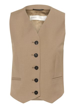 Beige ärmellose Weste mit V-Ausschnitt, fünf schwarze Knöpfe zum Schließen und zwei Seitentaschen; glatter Stoff mit taillierter Form.