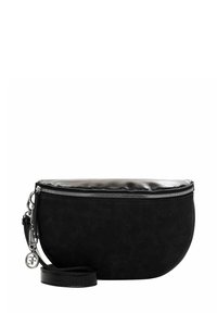 Borsa a mano nera con parte superiore metallica, superficie testurizzata, zip argento, tracolla removibile e charm rotondo con logo. Design compatto e di forma ovale.