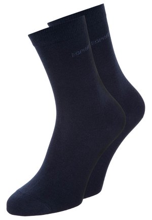 Marineblaue Baumwollsocken mit Rippstruktur und elastischen Öffnungen; Logo dezent nahe der Oberkante geprägt. Zwei Paare abgebildet.