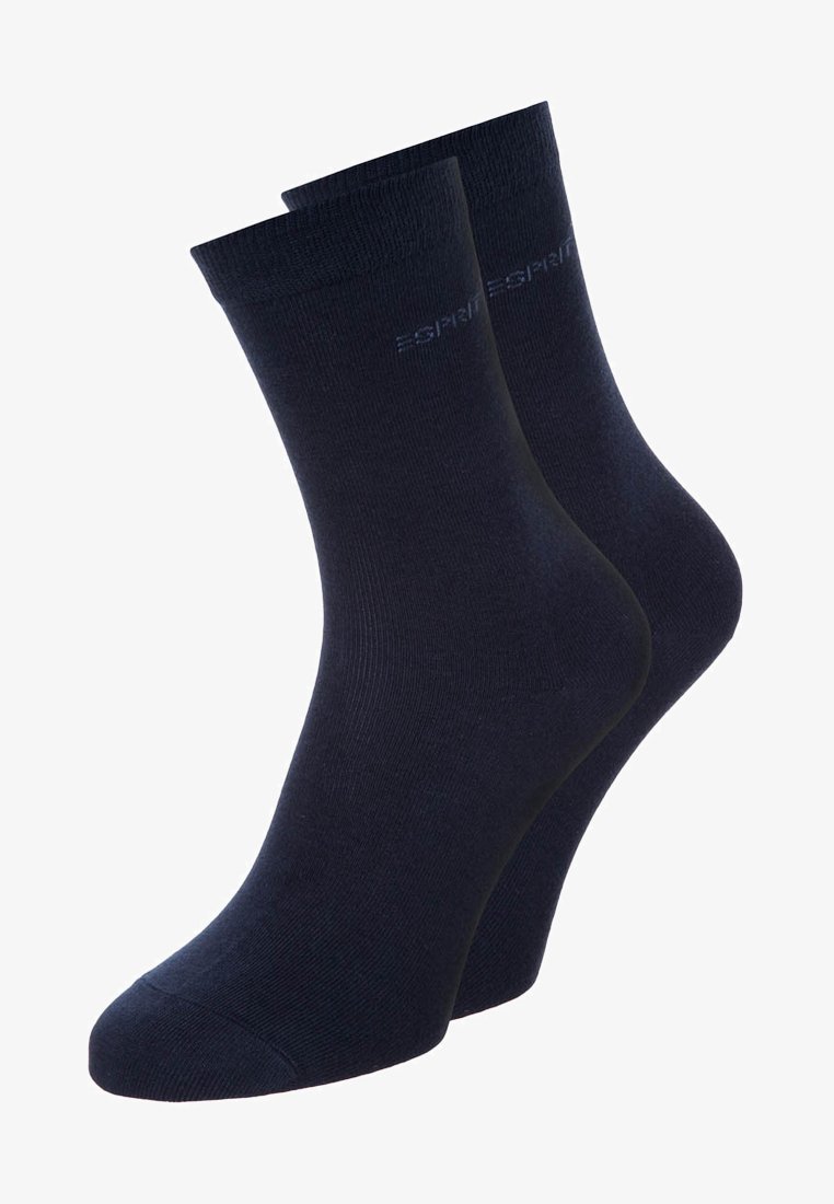 Granatowe skarpetki bawełniane typu crew z rypsowym wykończeniem i elastycznymi otworami; logo subtelnie wytłoczone w pobliżu góry. Pokazano dwie pary.