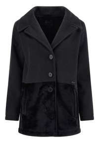 Abrigo negro que combina lana texturizada y suave forro polar. Diseñado con un cuello, tres botones y dos bolsillos laterales.