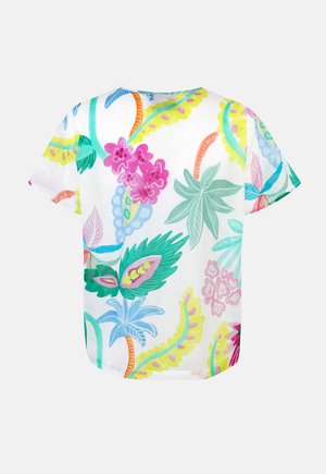 Weiße Bluse mit kurzen Ärmeln und buntem tropischem Blumenmuster in Pink, Grün, Gelb, Blau und Orange auf der Rückseite.