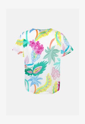 Weiße Bluse mit kurzen Ärmeln und buntem tropischem Blumenmuster in Pink, Grün, Gelb, Blau und Orange auf der Rückseite.