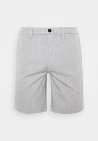 Pantaloni corti grigi chiari con un sottile motivo melange, caratterizzati da una chiusura frontale con bottone, passanti per cintura e un taglio dritto. Realizzati in un tessuto liscio.