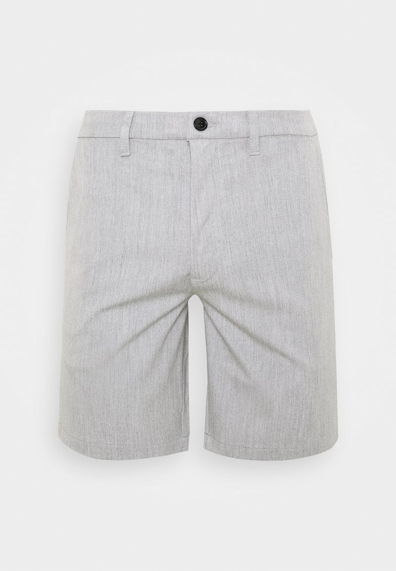 Vaaleanharmaat shortsit, joissa on hienovarainen heather-kuvio, edessä nappikiinnitys, vyölenkit ja suora leikkaus. Valmistettu sileästä kankaasta.