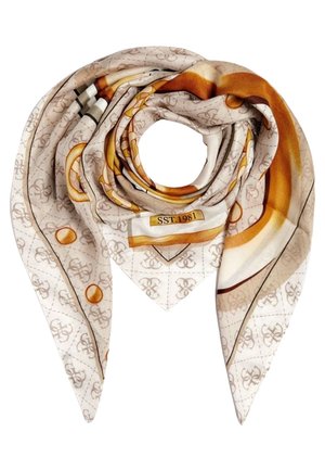 Neliönmuotoinen beige silkkihuivi, jossa oransseja ja ruskeita geometrisia kuvioita sekä "SST.1981"-teksti, taitettuna spiraalin muotoon.
