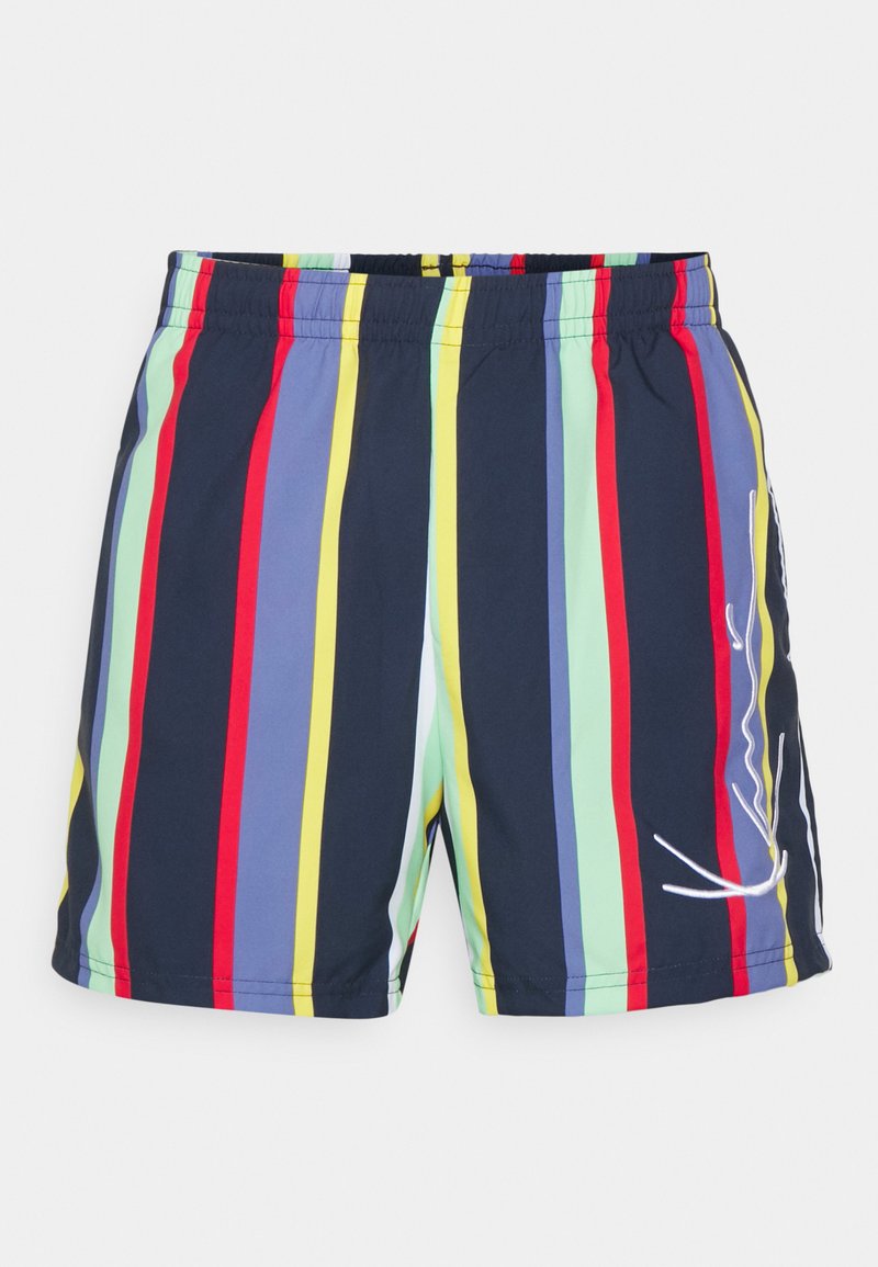 Colorful swim shorts featuring vertical stripes in navy, red, green, yellow, and purple. Elastic waistband with a white embroidered detail.