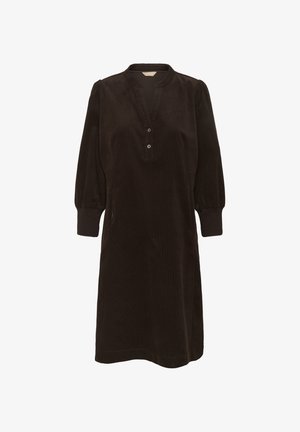 Czarna sukienka z kordurowego materiału z pół-zapięciem na guziki, długimi bufkami i bocznymi kieszeniami. Gładka tekstura i luźny krój.