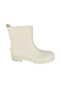 Bottine en caoutchouc couleur crème avec semelle antidérapante texturée, bout arrondi et languette à l'arrière pour un enfilage facile. Matière lisse et flexible.