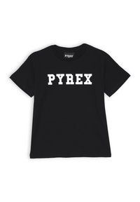 T-shirt nera in cotone con maniche corte, con la scritta bianca "PYREX" in bold sul davanti. Collo rotondo, texture liscia.