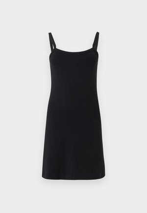 Black sleeveless dress with thin straps and straight neckline, knee-length, displayed on a plain white background.
