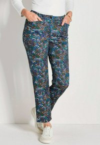 Kleurrijke gebloemde broek met een mix van blauwe, groene en bruine tinten, gemaakt van een zachte stof met een rechte pasvorm en zijzakken.