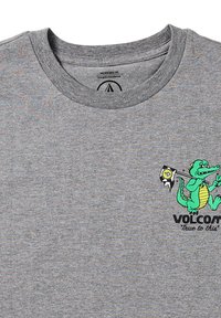 Grijze katoenen t-shirt met korte mouwen, voorzien van een groene alligator grafiek en de tekst "VOLCOM True to this" op de linker borst. Klassieke ronde hals.