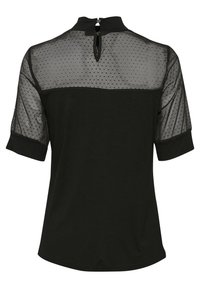 Haut noir à manches courtes avec empiècement en mesh transparent à pois sur le haut et les manches, col montant avec fermeture à bouton au dos.