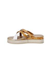 Sandali platform con cinturini incrociati in marrone e bianco, caratterizzati da una texture decorata. Sole spesso in stile espadrilles intrecciato.