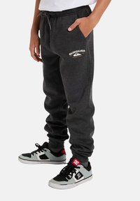 Sivé tepláky s elastickým pásom, bočnými vreckami a bielym logom Quiksilver na ľavom stehne. Nosené s čierno-sivými teniskami.