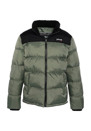 Chaqueta acolchada verde oliva con hombros negros, cremallera frontal y puños elásticos. Presenta secciones acolchadas para aislamiento y un cuello suave.