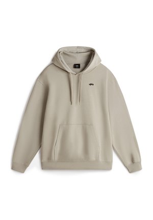 Light beige hoodie made of soft fabric with a kangaroo pocket, drawstring hood, and a small black logo on the chest.