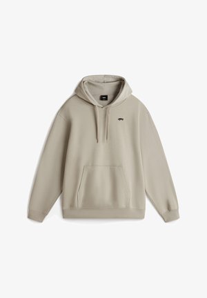 Sudadera de color beige claro hecha de una tela suave, con un bolsillo tipo canguro, capucha con cordones y un pequeño logo negro en el pecho.