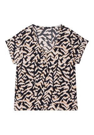 Korte mouwen V-hals top in een zwart, wit en gouden dierenprint; heeft een gestructureerde stof en een gedeeltelijke knoopsluiting aan de voorkant.