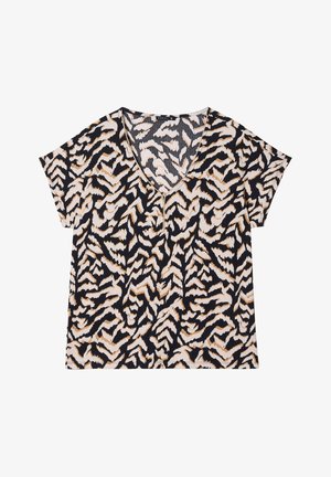 Korte mouwen V-hals top in een zwart, wit en gouden dierenprint; heeft een gestructureerde stof en een gedeeltelijke knoopsluiting aan de voorkant.