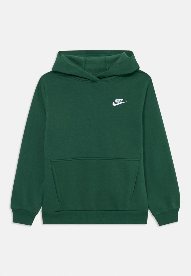 Moleton verde feito de tecido macio, com um bolso frontal, punhos canelados e um logótipo da Nike em branco no lado esquerdo do peito.