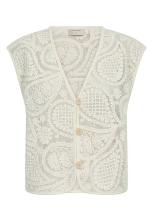 Witte gehaakte kanten gilet met bloem- en geometrische patronen, V-hals, mouwloos en met drie beige knopen aan de voorkant.