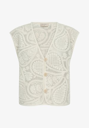 Witte gehaakte kanten gilet met bloem- en geometrische patronen, V-hals, mouwloos en met drie beige knopen aan de voorkant.