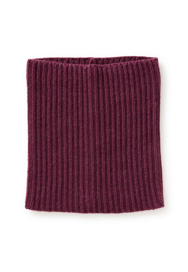Cuello de punto burdeos con textura acanalada. Forma tubular, se estira para mayor comodidad. Material suave adecuado para el clima más frío.