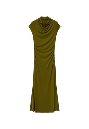 Ærmeløs maxi-kjole i olivengrøn med draperet cowl-halsudskæring og rynkede sider, lavet af blødt, flydende stof.