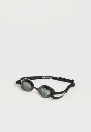 Zwarte zwembril met getinte lenzen en een verstelbare band met de tekst "JUST DO IT." aan de zijkant.