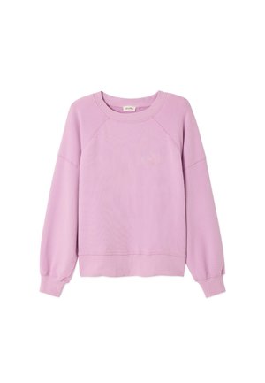 Gaiši violets džemperis ar ribotu aproci un apkakli, vienkārša dizaina un mīkstas tekstūras. Apaļa kakla daļa un brīva piegrieztne.