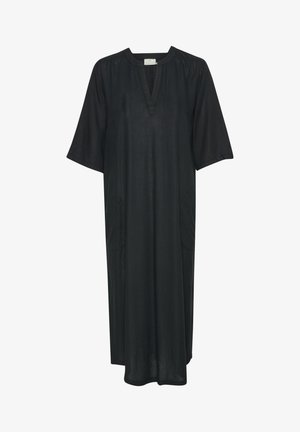 Črna obleka do kolen z V-izrezom, kratkimi napihnjenimi rokavi in stranskimi žepi. Narejena iz lahkotne, gladke tkanine z rahlim leskom.