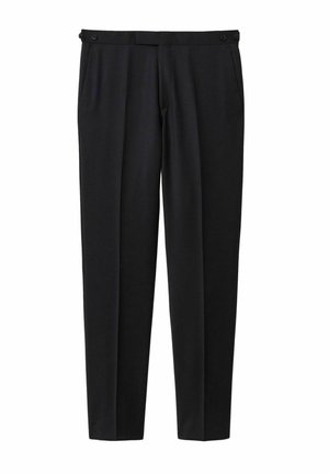 Black trousers made from smooth fabric, featuring a straight leg design, two buttons at the waist, and two side pockets.