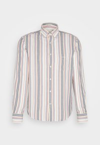 Camisa de manga larga abotonada con rayas verticales en azul, rojo y blanco. Presenta un cuello, mangas largas y un bolsillo en el pecho. Textura de tela suave.