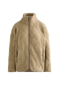 Jachetă din fleece matlasat bej, cu guler înalt, fermoar frontal complet și buzunare laterale cu fermoar, proiectată pentru căldură și confort.