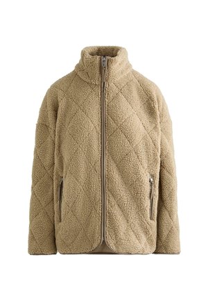 Jachetă din fleece matlasat bej, cu guler înalt, fermoar frontal complet și buzunare laterale cu fermoar, proiectată pentru căldură și confort.