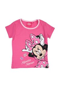 T-shirt en coton rose avec un grand motif de Minnie Mouse portant un nœud à pois. Le t-shirt a des manches courtes et un col contrastant.