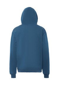 Felpa con cappuccio di colore blu scuro, realizzata in tessuto morbido, con una vestibilità comoda, polsini a coste e una texture liscia senza alcun motivo visibile.